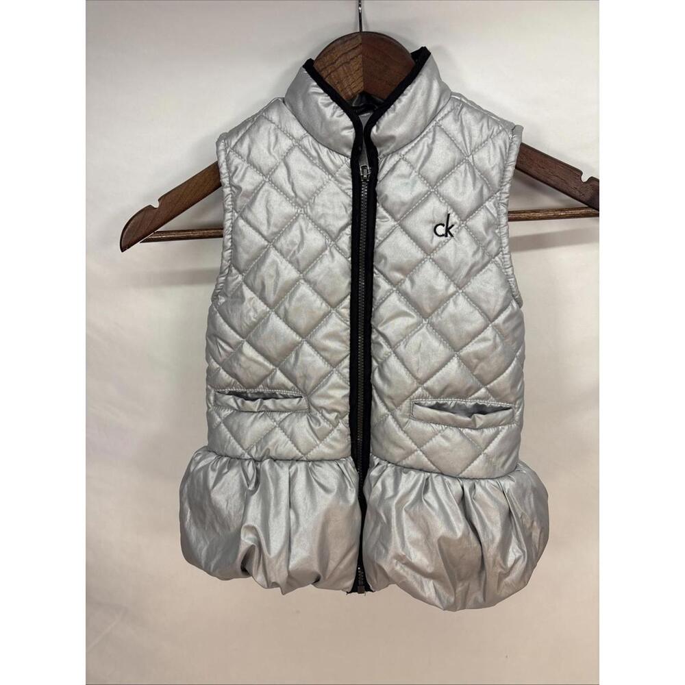 Calvin Klein Girls Puffer Jacket Coat Vest 5 Full Zip Silver Quilted
